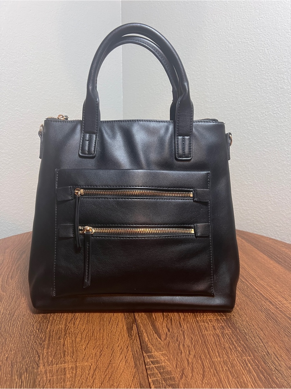 Classic Black Structured Faux-Leather Top-Handle Backpack Tote